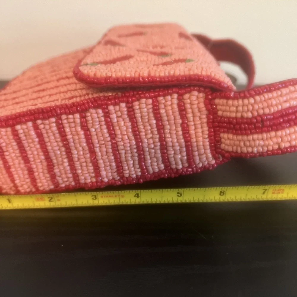 NEW-Handcrafted In India Beaded Chili Peppers Pink Red Striped Shoulder Bag